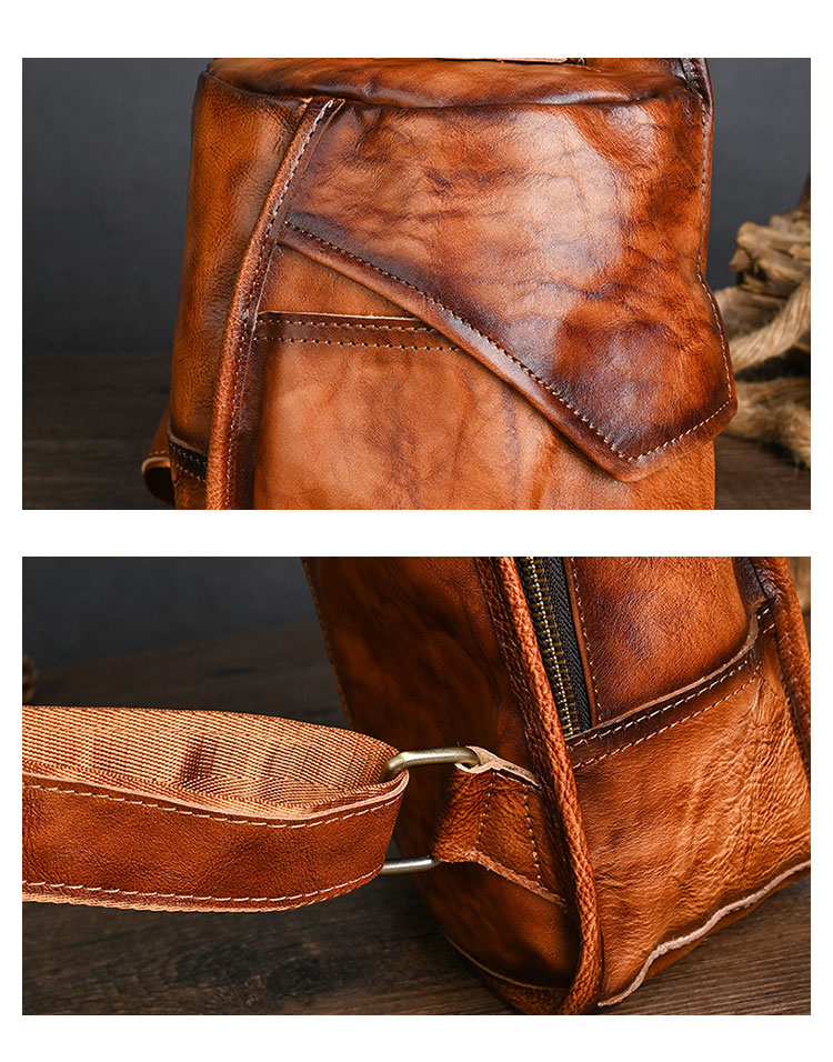 Whatna アンティーク風合い鞣し天 然牛 革 斜めがけ ボディバッグ ワンショルダー メンズ 左右付け替え可能 本革 厚手 レザーXB016-7