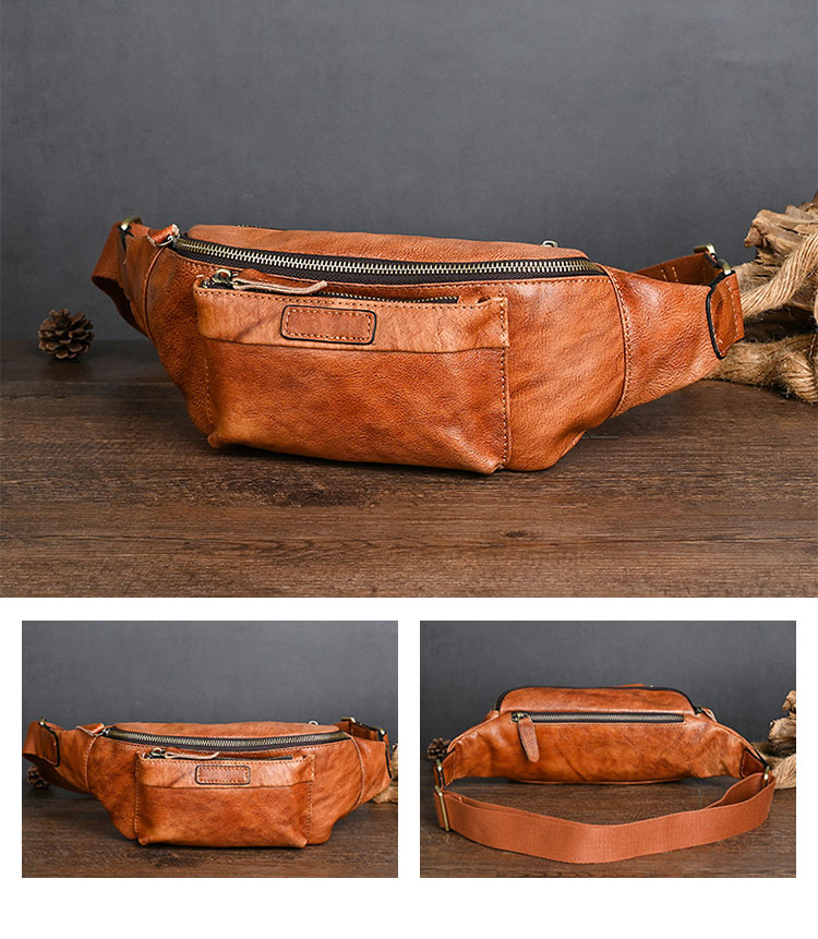 Whatna アンティーク風合い鞣し天 然 牛革ミニウエストポーチ ウエストバッグ メンズ ミニショルダーバッグ 手作業で作 男女兼用 本革 斜めがけ ボディバッグ ワンショルダー 軽量 ブラウン YB018-2
