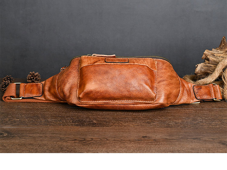 Whatna アンティーク風合い鞣し天 然 牛革ミニウエストポーチ ウエストバッグ メンズ ミニショルダーバッグ 手作業で作 男女兼用 本革 斜めがけ ボディバッグ ワンショルダー 軽量 ブラウン YB018-4