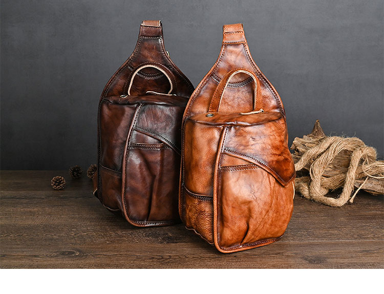 Whatna アンティーク風合い鞣し天 然牛 革 斜めがけ ボディバッグ ワンショルダー メンズ 左右付け替え可能 本革 厚手 レザーXB016-1