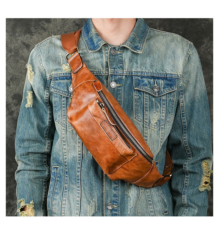 Whatna アンティーク風合い鞣し天 然 牛革ミニウエストポーチ ウエストバッグ メンズ ミニショルダーバッグ 手作業で作 男女兼用 本革 斜めがけ ボディバッグ ワンショルダー 軽量 ブラウン YB018-9