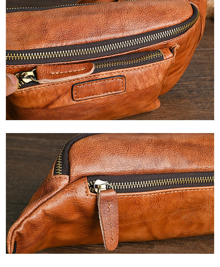 Whatna アンティーク風合い鞣し天 然 牛革ミニウエストポーチ ウエストバッグ メンズ ミニショルダーバッグ 手作業で作 男女兼用 本革 斜めがけ ボディバッグ ワンショルダー 軽量 ブラウン YB018-8