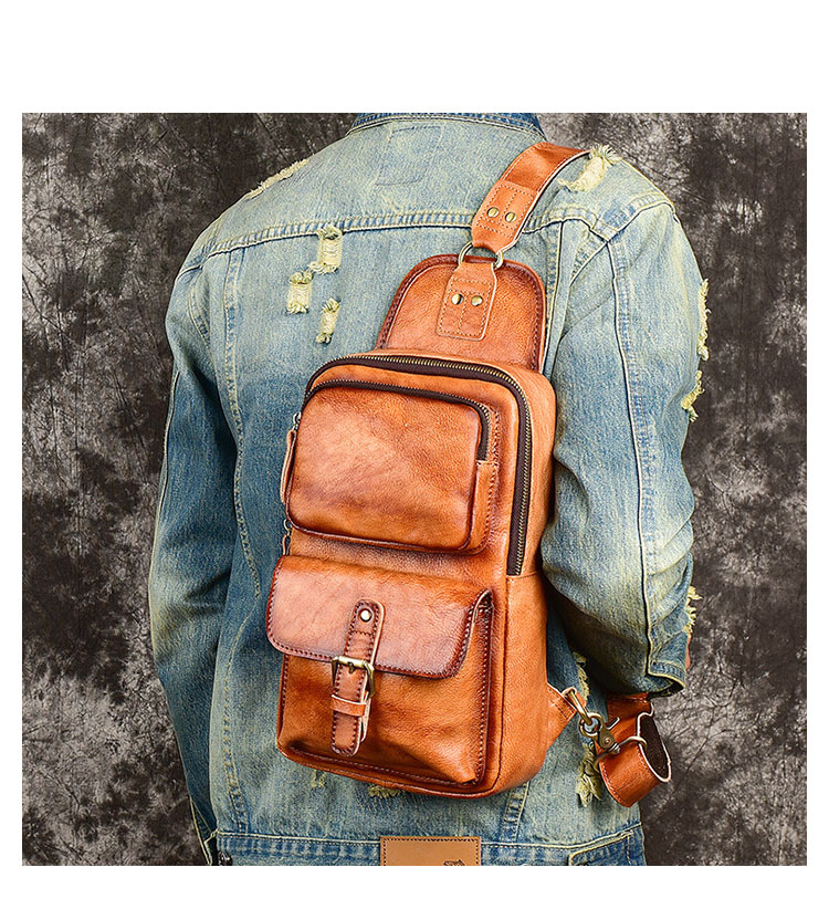 Whatna アンティーク風合い鞣し天 然牛 革 斜めがけ ボディバッグ ワンショルダー メンズ 左右付け替え可能 本革 厚手 レザーXB012-9