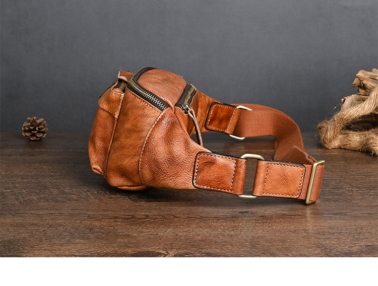 Whatna アンティーク風合い鞣し天 然 牛革ミニウエストポーチ ウエストバッグ メンズ ミニショルダーバッグ 手作業で作 男女兼用 本革 斜めがけ ボディバッグ ワンショルダー 軽量 ブラウン YB018-3