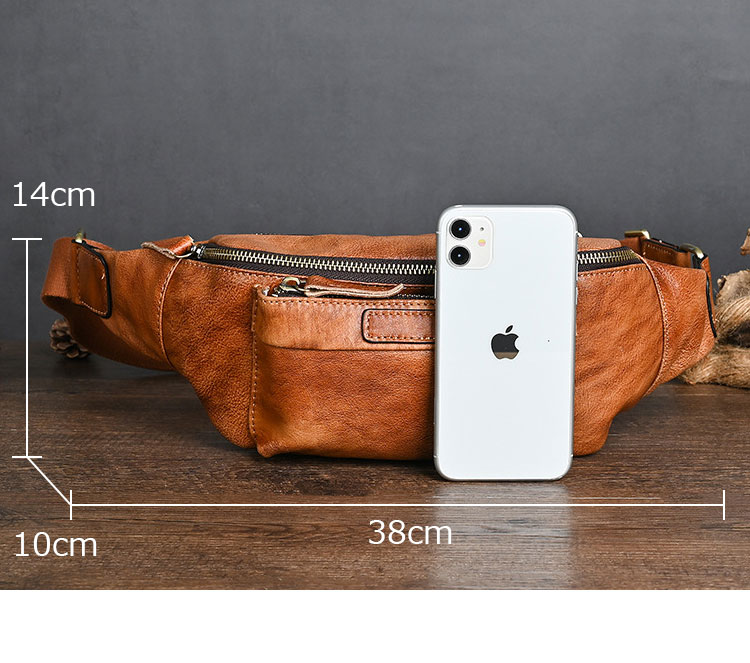 Whatna アンティーク風合い鞣し天 然 牛革ミニウエストポーチ ウエストバッグ メンズ ミニショルダーバッグ 手作業で作 男女兼用 本革 斜めがけ ボディバッグ ワンショルダー 軽量 ブラウン YB018-5