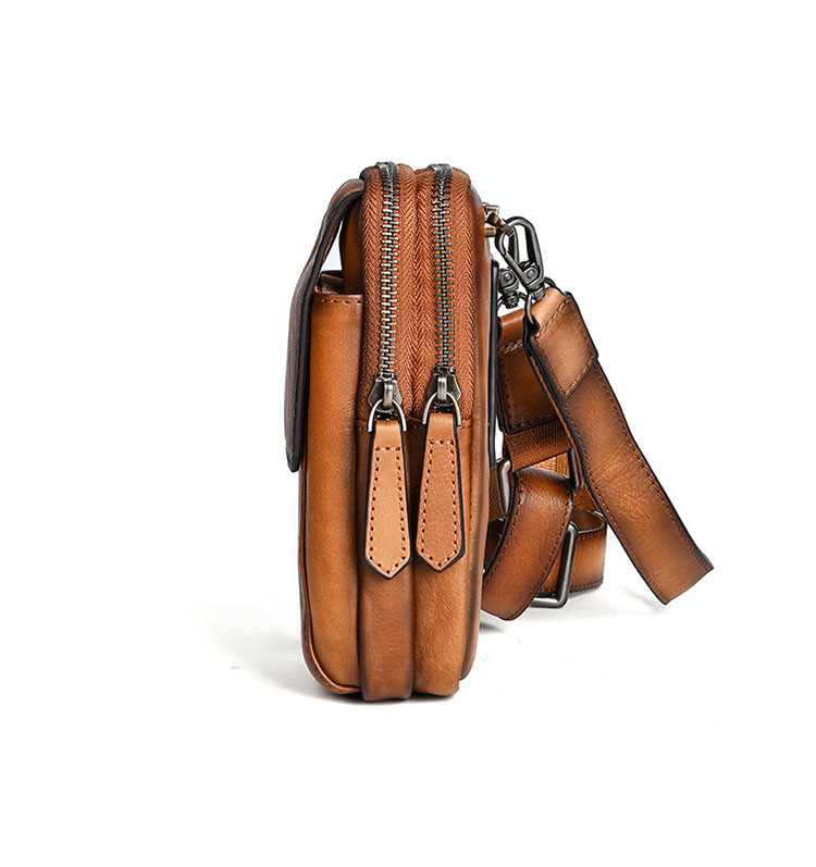 Whatna アンティーク風合い鞣し天 然 牛革 ミニショルダーバッグ メンズ ポシェット2室仕切 3way斜め掛け ボディバッグ ベルト ポーチ ミニ 胸バッグ ウエストバッグショルダーベルト付属 斜め掛け 通学 通勤 ミニバッグ 紳士用 男性用 13760-3