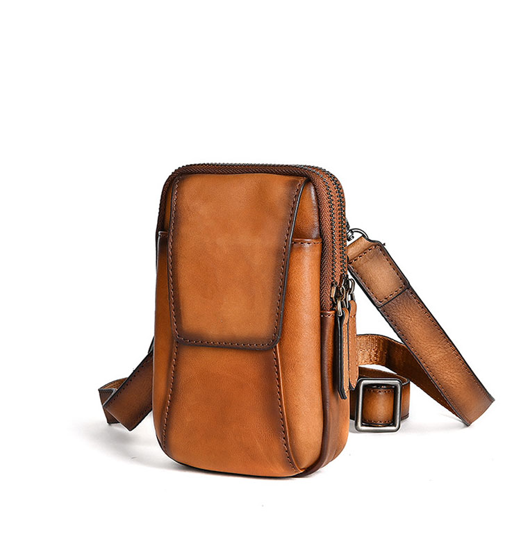 Whatna アンティーク風合い鞣し天 然 牛革 ミニショルダーバッグ メンズ ポシェット2室仕切 3way斜め掛け ボディバッグ ベルト ポーチ ミニ 胸バッグ ウエストバッグショルダーベルト付属 斜め掛け 通学 通勤 ミニバッグ 紳士用 男性用 13760-1