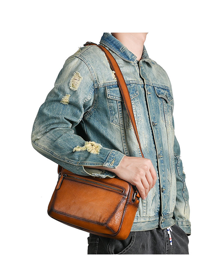 Whatna アンティーク風合い鞣し天 然 牛革 ミニショルダーバッグ メンズ 2way 斜め掛け ミニボディバッグ ミニ胸バッグ 2室仕切 小さめかたかけバッグ カジュアル フォーマル ビジネス 通学 通勤 肩掛けミニバッグ 自転車かばん プレゼント男性 13765-7