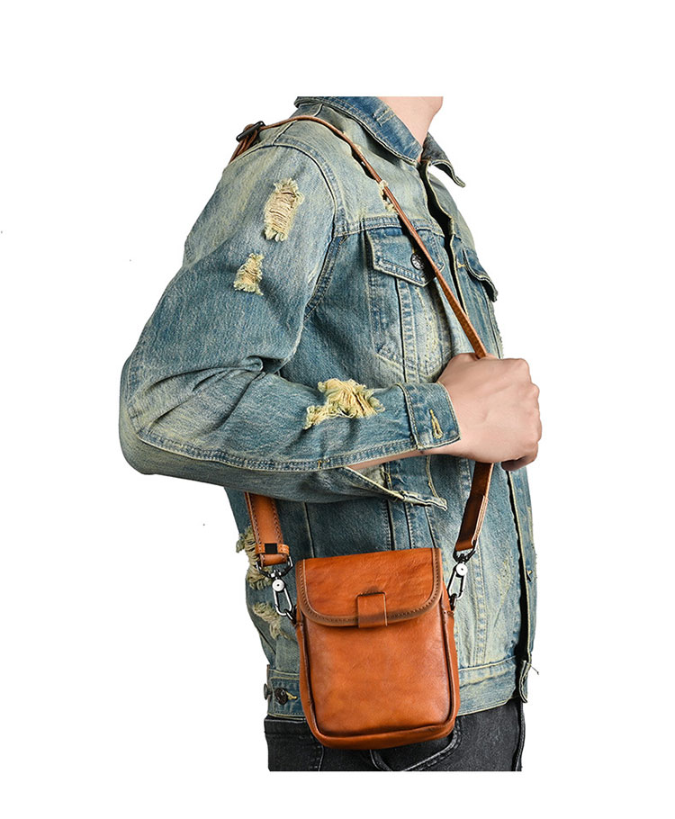 Whatna アンティーク風合い鞣し天 然 牛革ミニショルダーバッグ メンズ ポシェット メッセンジャーバッグ小さめ ショルダーミニポーチ 縦型 ipad mini収納可 本革 通勤 通学 斜めがけバッグ 自転車 かばん男性用 黒ブラウン13673-7