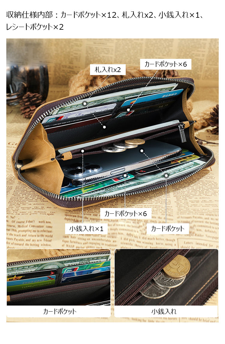 Whatna 天然 牛革 ミニセカンドバッグ メンズ バッグ 長財布 カード入れ 小銭入れ 札入れ 12枚カード収納 小さめ クラッチバッグ 手持ちバッグ メンズ ポーチ 男性用 紳士用 結婚式 冠婚葬祭 バッグ 1064-6