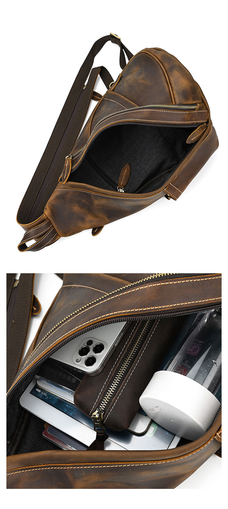 Whatna 天然 牛革 斜めがけ ボディバッグ ワンショルダー メンズ 本革 厚手 レザー5001-7