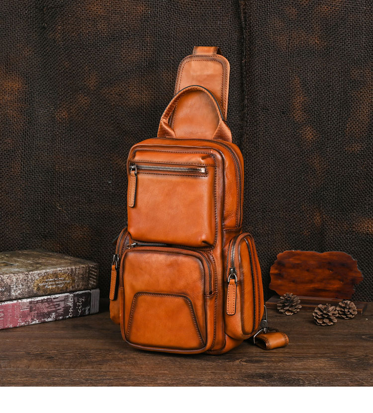 Whatna アンティーク風合い鞣し天 然牛 革 斜めがけ ボディバッグ ワンショルダー メンズ 左右付け替え可能 本革 厚手  レザー12042-1