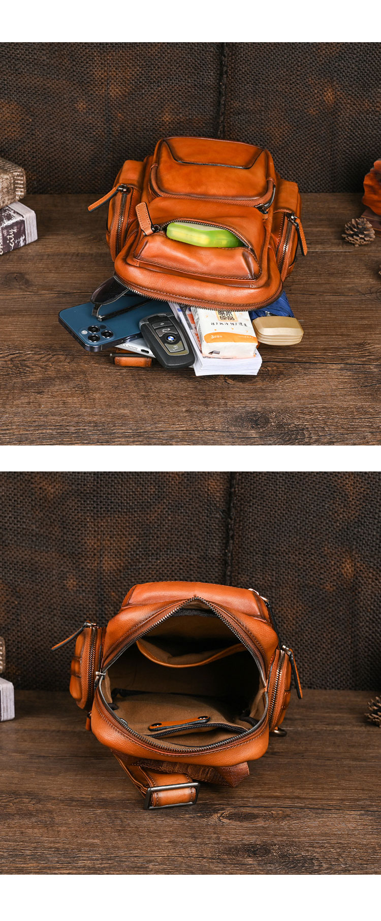 Whatna アンティーク風合い鞣し天 然牛 革 斜めがけ ボディバッグ ワンショルダー メンズ 左右付け替え可能 本革 厚手  レザー12042-6