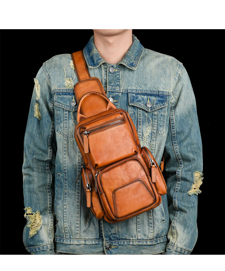 Whatna アンティーク風合い鞣し天 然牛 革 斜めがけ ボディバッグ ワンショルダー メンズ 左右付け替え可能 本革 厚手  レザー12042-10