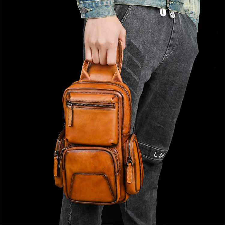Whatna アンティーク風合い鞣し天 然牛 革 斜めがけ ボディバッグ ワンショルダー メンズ 左右付け替え可能 本革 厚手  レザー12042-13