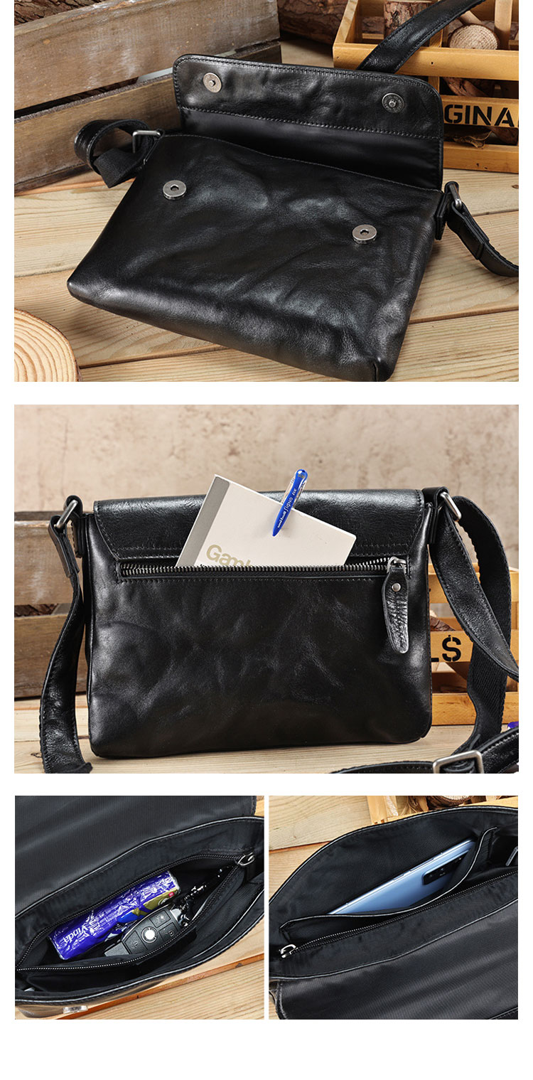 Whatna アンティーク風合い鞣し天 然 牛革ショルダーバッグ メンズ メッセンジャーバッグ 小さめ ビジネスバッグ IPAD MINI収納可 本革通勤 通学 斜めがけバッグ 自転車 かばん男性用 黒6699-4