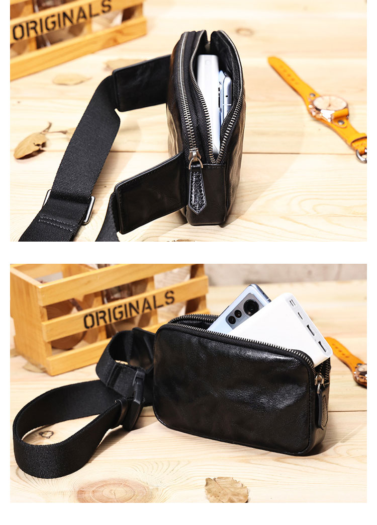 Whatna アンティーク風合い鞣し天 然 牛革 ウエストポーチ ウエストバッグ メンズ ミニショルダーバッグ 手作業で作 男女兼用 本革 斜めがけ ボディバッグ ワンショルダー 軽量  黒16695-9