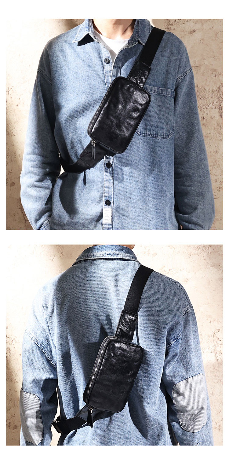 Whatna アンティーク風合い鞣し天 然 牛革 ウエストポーチ ウエストバッグ メンズ ミニショルダーバッグ 手作業で作 男女兼用 本革 斜めがけ ボディバッグ ワンショルダー 軽量  黒16695-11