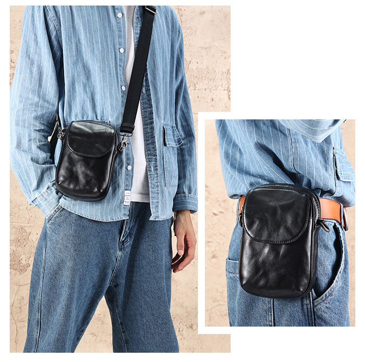 Whatna  アンティーク風合い鞣し天 然牛 革ミニショルダーバッグ メンズ ポシェットポ3way斜め掛け ボディバッグ ベルト ポーチ ミニ 胸バッグ ウエストバッグ ショルダーベルト付属 斜め掛け 通学 通勤 ミニバッグ 紳士用 男性用 黑-6