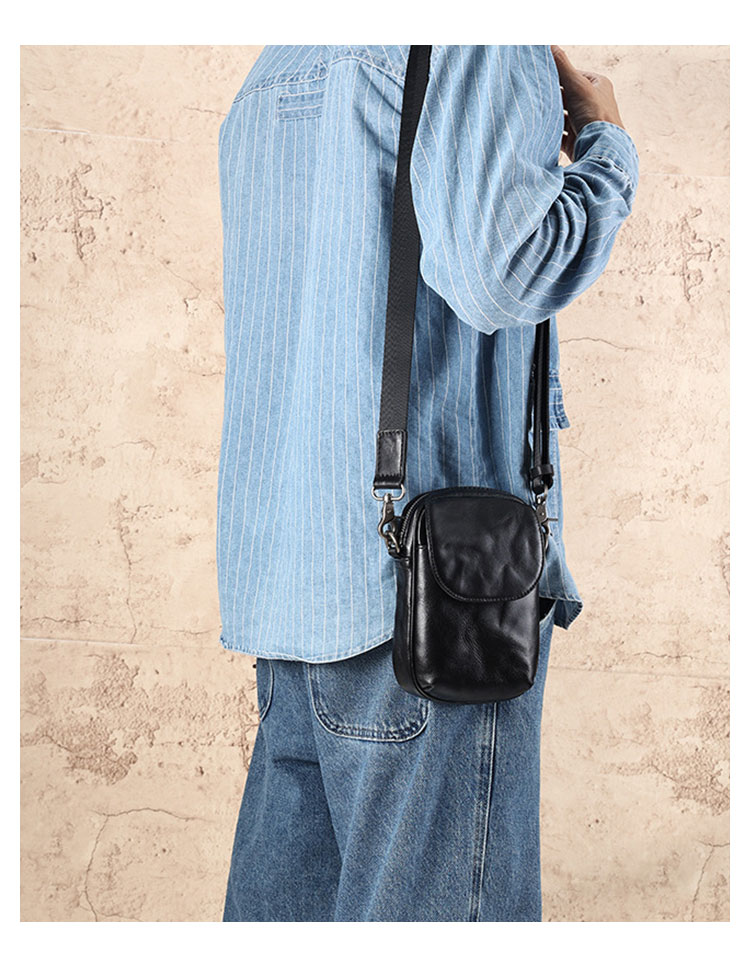 Whatna  アンティーク風合い鞣し天 然牛 革ミニショルダーバッグ メンズ ポシェットポ3way斜め掛け ボディバッグ ベルト ポーチ ミニ 胸バッグ ウエストバッグ ショルダーベルト付属 斜め掛け 通学 通勤 ミニバッグ 紳士用 男性用 黑-7