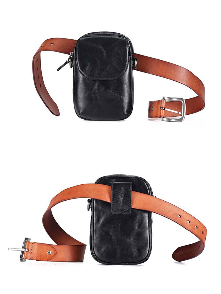 Whatna  アンティーク風合い鞣し天 然牛 革ミニショルダーバッグ メンズ ポシェットポ3way斜め掛け ボディバッグ ベルト ポーチ ミニ 胸バッグ ウエストバッグ ショルダーベルト付属 斜め掛け 通学 通勤 ミニバッグ 紳士用 男性用 黑-3