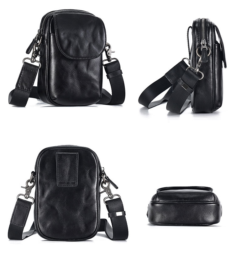 Whatna  アンティーク風合い鞣し天 然牛 革ミニショルダーバッグ メンズ ポシェットポ3way斜め掛け ボディバッグ ベルト ポーチ ミニ 胸バッグ ウエストバッグ ショルダーベルト付属 斜め掛け 通学 通勤 ミニバッグ 紳士用 男性用 黑-2
