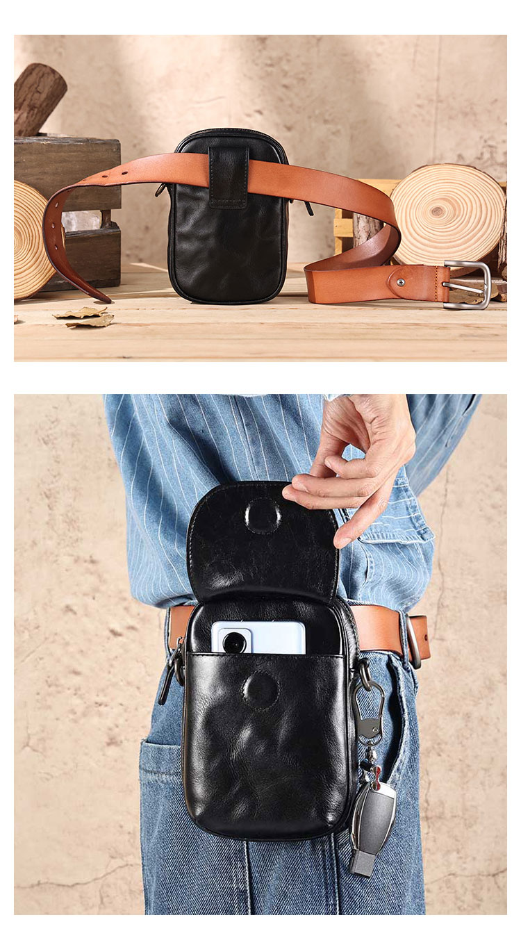 Whatna  アンティーク風合い鞣し天 然牛 革ミニショルダーバッグ メンズ ポシェットポ3way斜め掛け ボディバッグ ベルト ポーチ ミニ 胸バッグ ウエストバッグ ショルダーベルト付属 斜め掛け 通学 通勤 ミニバッグ 紳士用 男性用 黑-5