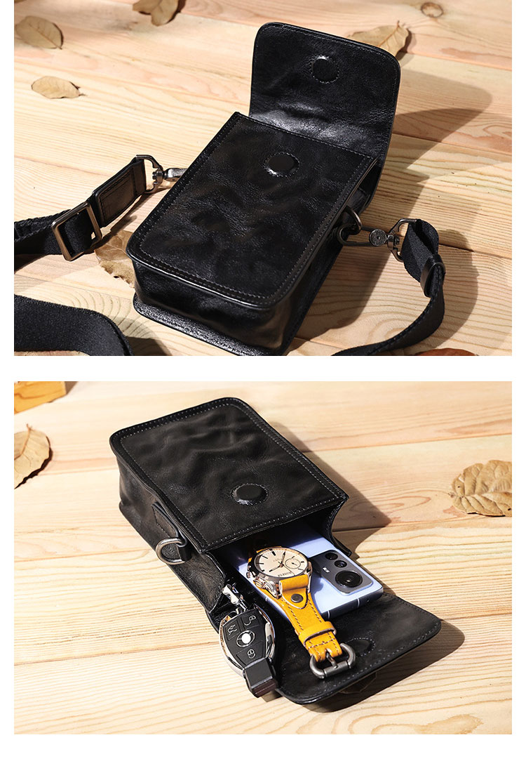 Whatna アンティーク風合い鞣し天 然牛 革ミニショルダーバッグ メンズ ポシェットポ3way斜め掛け ボディバッグ ベルト ポーチ ミニ 胸バッグ ウエストバッグ ショルダーベルト付属 斜め掛け 通学 通勤 ミニバッグ 紳士用 男性用 黑 6694-8