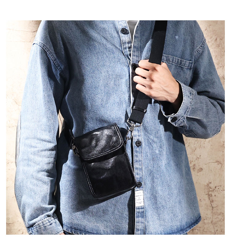 Whatna アンティーク風合い鞣し天 然牛 革ミニショルダーバッグ メンズ ポシェットポ3way斜め掛け ボディバッグ ベルト ポーチ ミニ 胸バッグ ウエストバッグ ショルダーベルト付属 斜め掛け 通学 通勤 ミニバッグ 紳士用 男性用 黑 6694-9