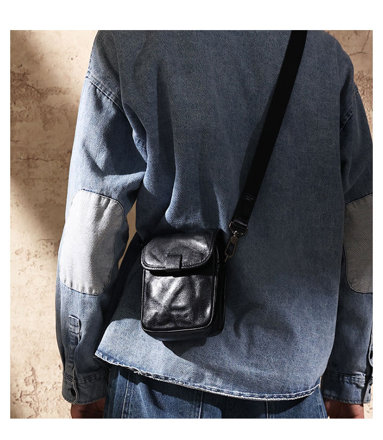 Whatna アンティーク風合い鞣し天 然 牛革ミニショルダーバッグ メンズ ポシェット メッセンジャーバッグ小さめ ショルダーミニポーチ 縦型  ipad mini収納可 本革 通勤 通学 斜めがけバッグ 自転車 かばん男性用 黒6745-9