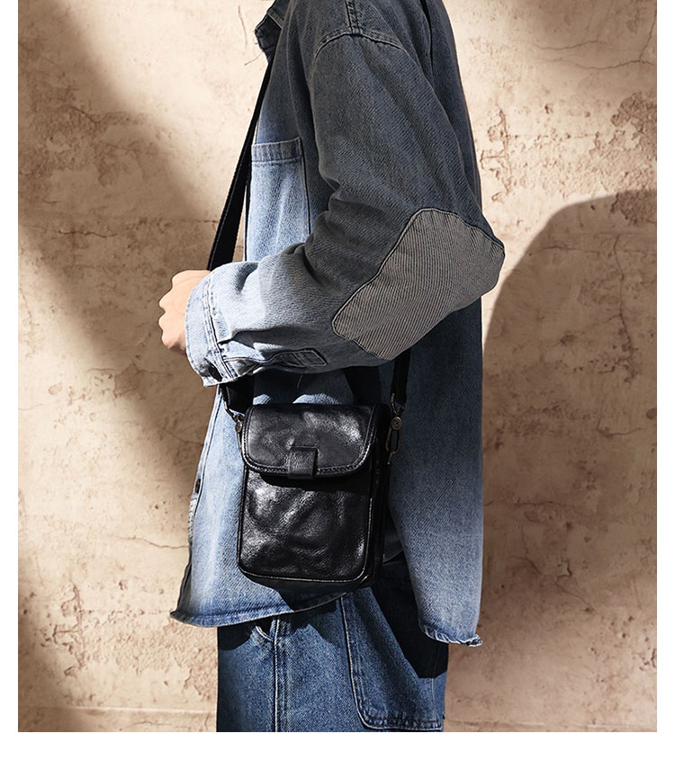 Whatna アンティーク風合い鞣し天 然 牛革ミニショルダーバッグ メンズ ポシェット メッセンジャーバッグ小さめ ショルダーミニポーチ 縦型  ipad mini収納可 本革 通勤 通学 斜めがけバッグ 自転車 かばん男性用 黒6745-10