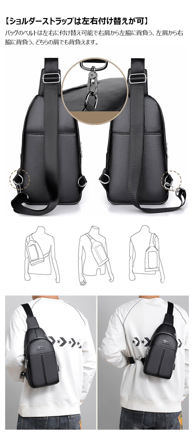 Whatna ワンショルダーメンズ ボディバッグ 斜め掛けバッグ肩掛け 胸バッグ メッセンジャーバッグ PUレザー2室仕切 大容量 イヤホン穴付 USBポート付 左右に付け替え可 軽量 男女兼用-9