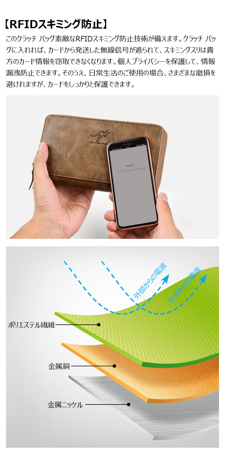 Whatna ミニセカンド バッグ メンズ 小型バッグ 長財布 RFID&磁気スキミング防止 7枚カード収納 カード入れ 小銭入れ 札入れ 3室仕切 レザー ミニクラッチ バッグ 手持ちバッグ 手提げ財布 手持ちカバン 男性用 紳士用-5