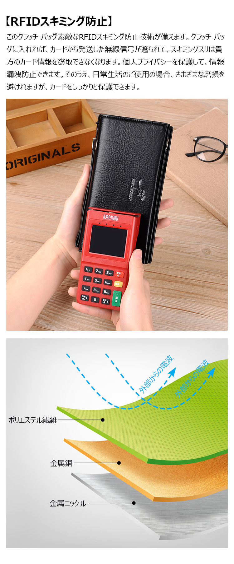 Whatna ミニセカンド バッグ メンズ 小型バッグ 長財布 RFID＆磁気スキミング防止 12枚カード収納 カード入れ 小銭入れ 札入れ 2室仕切 レザー ミニクラッチ バッグ 手持ちバッグ 手提げ財布 手持ちカバン 男性用 紳士用-5