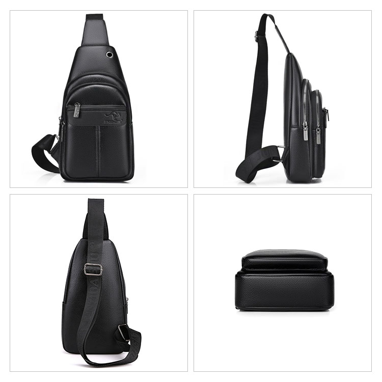Whatna ワンショルダーメンズ ボディバッグ 斜め掛けバッグ肩掛け 胸バッグ メッセンジャーバッグ PUレザー大容量 軽量イヤホン穴付男女兼用 黒-2