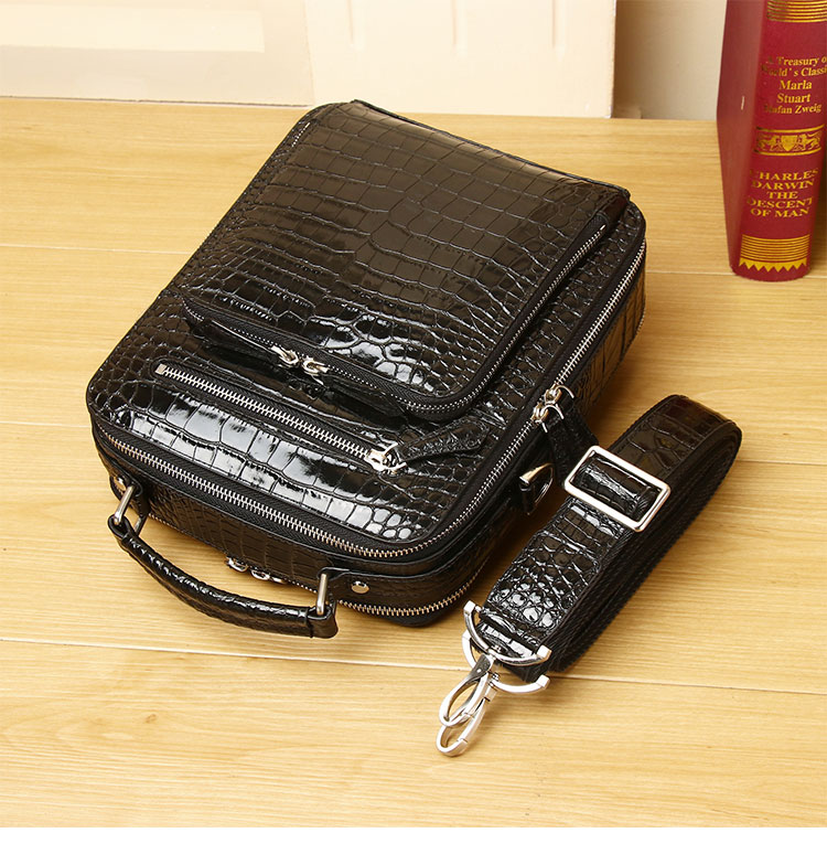 Whatna ワニ革ショルダーバッグ メンズ 3way斜め掛け胸バッグ 手提げバッグ セカンドバッグ 手持げバッグ Ipad 9.7収納可2室仕切 ダブルファスナー 鰐革 カジュアル フォーマル ビジネス 通学 通勤 結婚式 肩掛けバッグ 自転車かばん プレゼント男性  4443-4