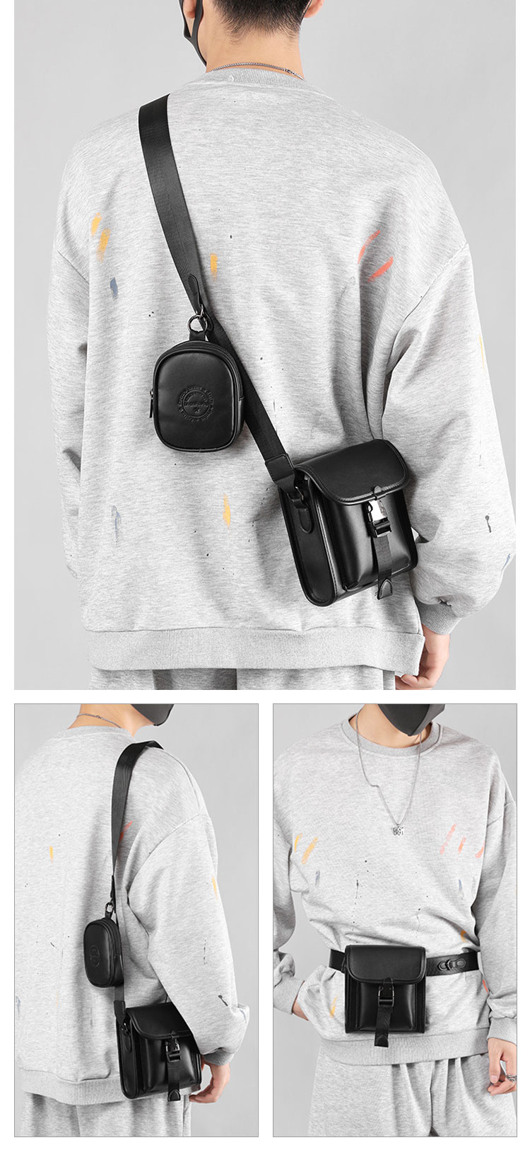Whatna  2点セットミニショルダーバッグ メンズ ポシェット3wayミニ 斜め掛け ボディバッグ ベルト ポーチ ミニ 胸バッグ ウエストバッグ 小銭入れ コインケース付 レザーショルダーベルト付属 斜め掛け 通学 通勤 ミニバッグ 紳士用 男性用-8