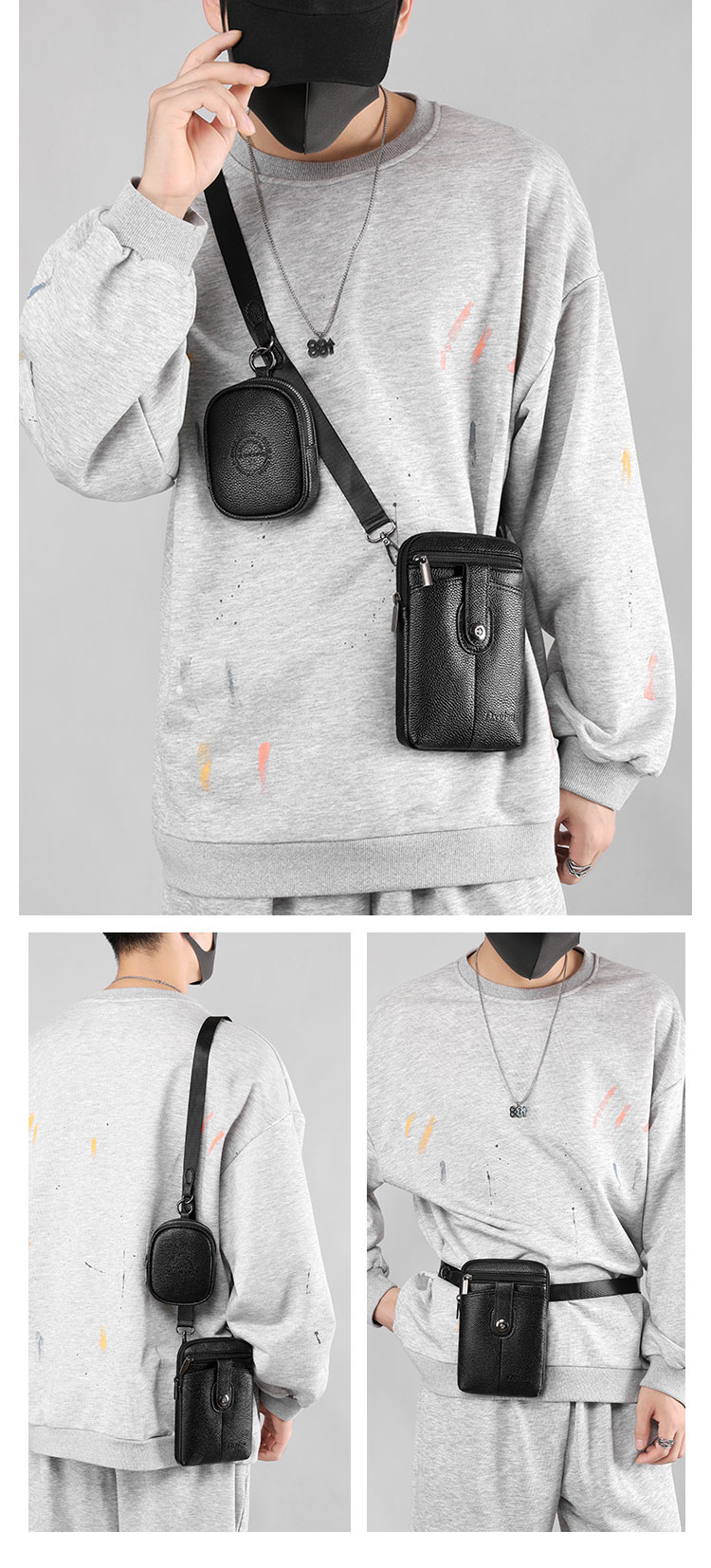 Whatna  2点セットミニショルダーバッグ メンズ ポシェット3wayミニ 斜め掛け ボディバッグ ベルト ポーチ ミニ 胸バッグ ウエストバッグ 小銭入れ コインケース付 レザーショルダーベルト付属 斜め掛け 通学 通勤 ミニバッグ 紳士用 男性用-15