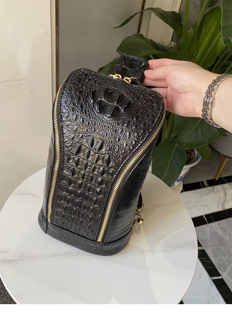 Whatna クロコダイル革 本革 斜めがけ ボディバッグ ワンショルダー メンズ ボディ斜め掛け 胸バッグ 厚手 レザー ワニ革左右付け替え可能 黑-1