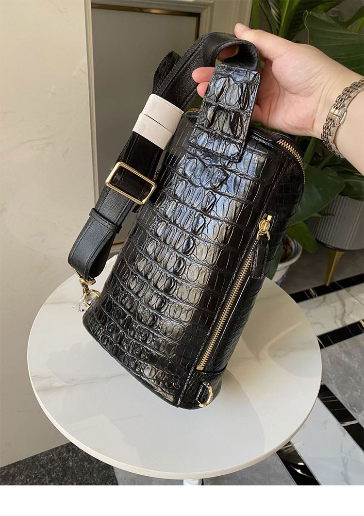 Whatna クロコダイル革 本革 斜めがけ ボディバッグ ワンショルダー メンズ ボディ斜め掛け 胸バッグ 厚手 レザー ワニ革左右付け替え可能 黑-3