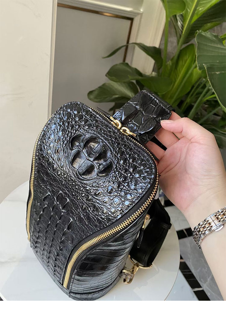 Whatna クロコダイル革 本革 斜めがけ ボディバッグ ワンショルダー メンズ ボディ斜め掛け 胸バッグ 厚手 レザー ワニ革左右付け替え可能 黑-5