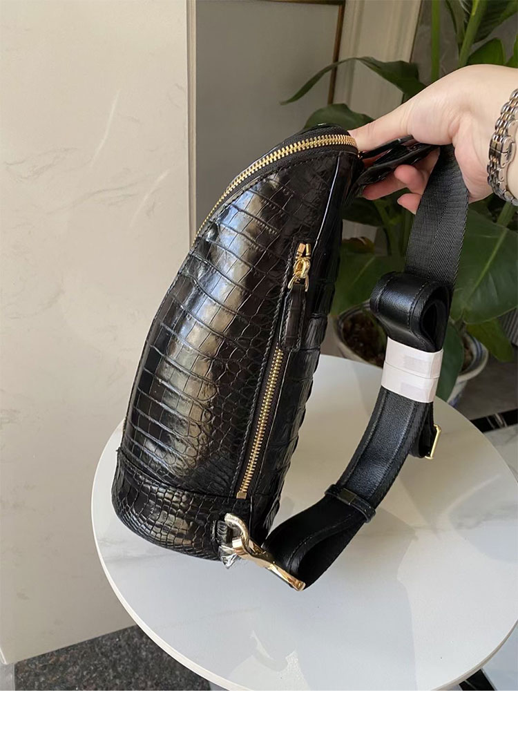 Whatna クロコダイル革 本革 斜めがけ ボディバッグ ワンショルダー メンズ ボディ斜め掛け 胸バッグ 厚手 レザー ワニ革左右付け替え可能 黑-2