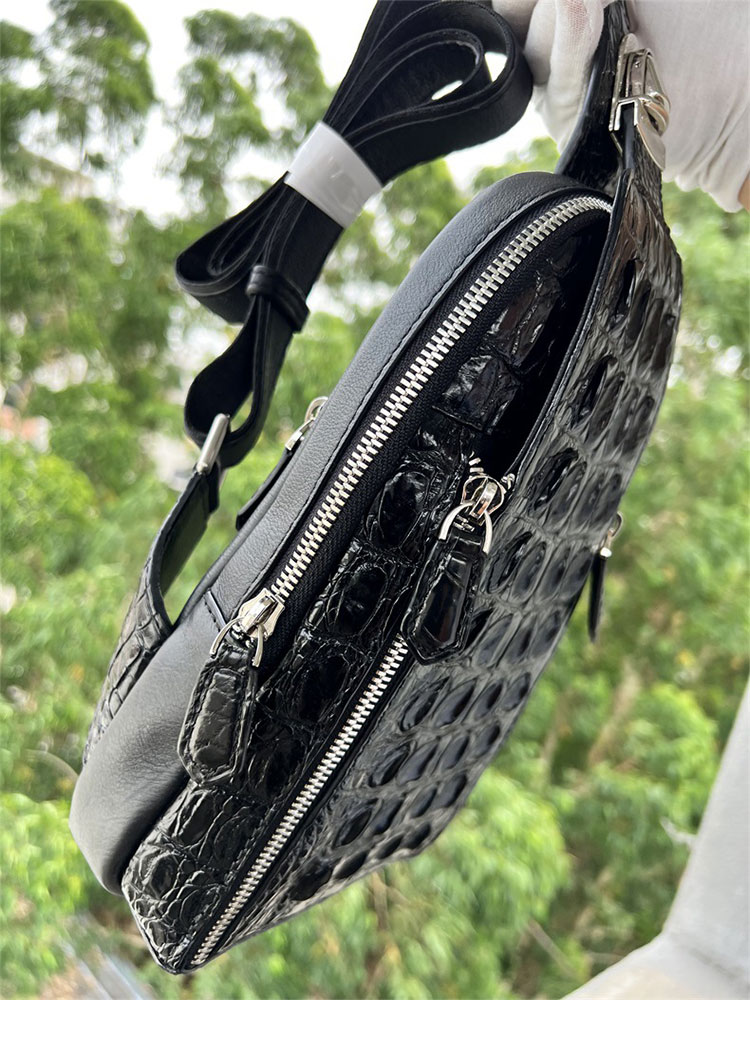 Whatna クロコダイル革 本革 斜めがけ ボディバッグ ワンショルダー メンズ ボディ斜め掛け 胸バッグ 厚手 レザー ワニ革 黑-3