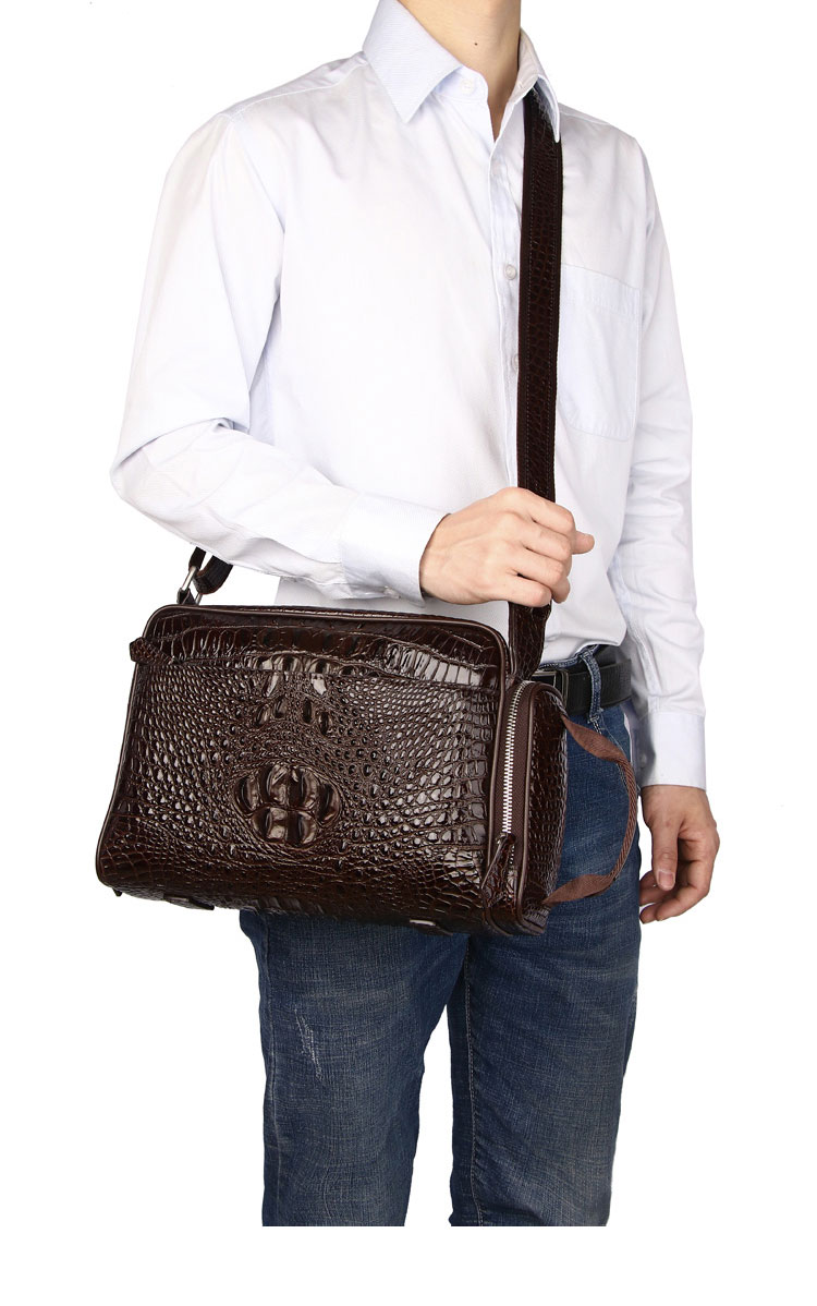 Whatna ワニ革 本革 ショルダーバッグ メンズ ポシェットメッセンジャーバッグ 横型 A4サイズ ipad 10.5収納可さめ ビジネスバッグクロコダイル革 本皮 通勤 通学 斜めがけバッグ かばん男性用 ブラウン 黒4452-12