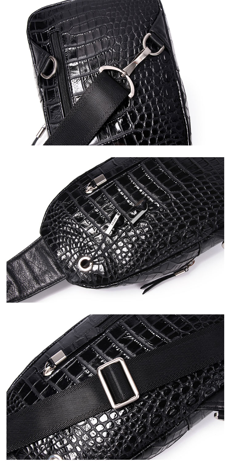 Whatna クロコダイル革 本革 斜めがけ ボディバッグ ワンショルダー メンズ ボディ斜め掛け 胸バッグ 厚手 レザー ワニ革 左右付け替え可能 黑 4460-11