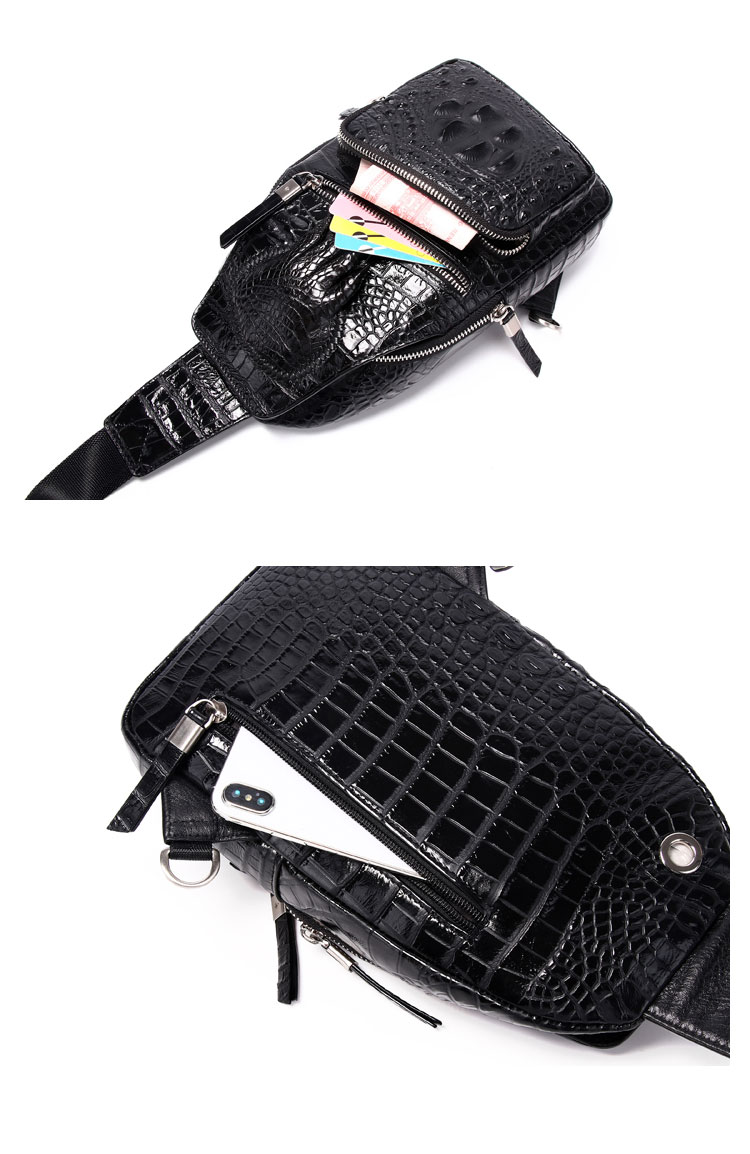 Whatna クロコダイル革 本革 斜めがけ ボディバッグ ワンショルダー メンズ ボディ斜め掛け 胸バッグ 厚手 レザー ワニ革 左右付け替え可能 黑 4460-8