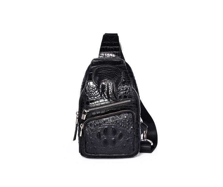 Whatna クロコダイル革 本革 斜めがけ ボディバッグ ワンショルダー メンズ ボディ斜め掛け 胸バッグ 厚手 レザー ワニ革 左右付け替え可能 黑 4460-1
