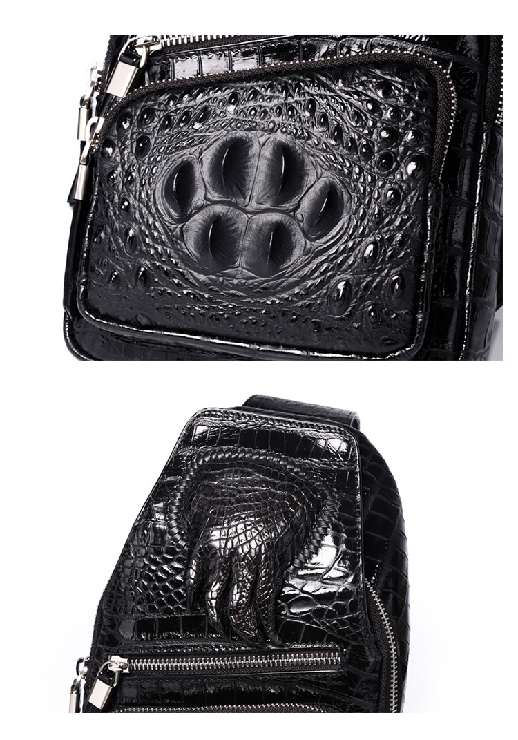 Whatna クロコダイル革 本革 斜めがけ ボディバッグ ワンショルダー メンズ ボディ斜め掛け 胸バッグ 厚手 レザー ワニ革 左右付け替え可能 黑 4460-10