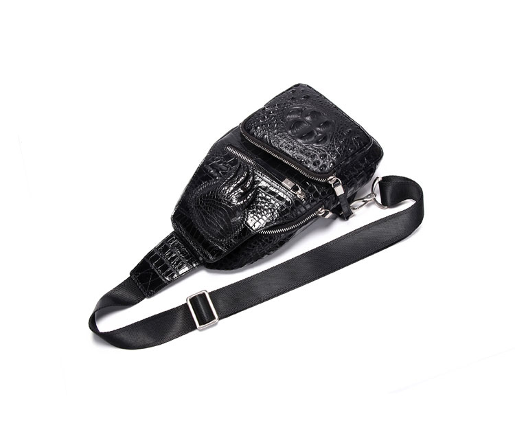 Whatna クロコダイル革 本革 斜めがけ ボディバッグ ワンショルダー メンズ ボディ斜め掛け 胸バッグ 厚手 レザー ワニ革 左右付け替え可能 黑 4460-2