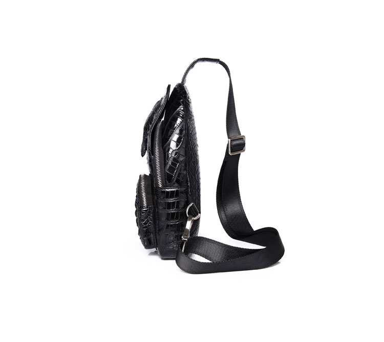 Whatna クロコダイル革 本革 斜めがけ ボディバッグ ワンショルダー メンズ ボディ斜め掛け 胸バッグ 厚手 レザー ワニ革 左右付け替え可能 黑 4460-4